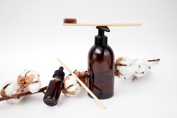 Eco friendly bathroom accessories. Natural cosmetics. Zero waste. Bottles of essential oils.