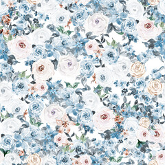 Naklejka premium Watercolor vintage floral seamless pattern for fabric, dusty blue flowers background for nursery, kids apparel, home decor