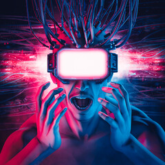 Hardwired virtual reality glasses man / 3D illustration of science fiction cyberpunk shocked male character having a mind blowing VR experience with copy space on eye screen © grandeduc