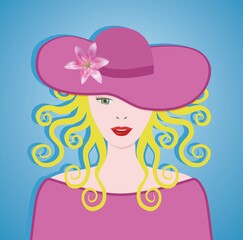 Blond woman with big pink hat and curly hair. Vector illustration. EPS10.