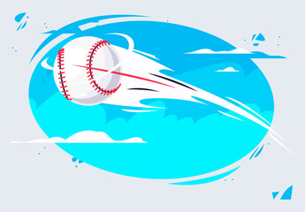Vector illustration of a baseball ball flying fast in the air against the sky background