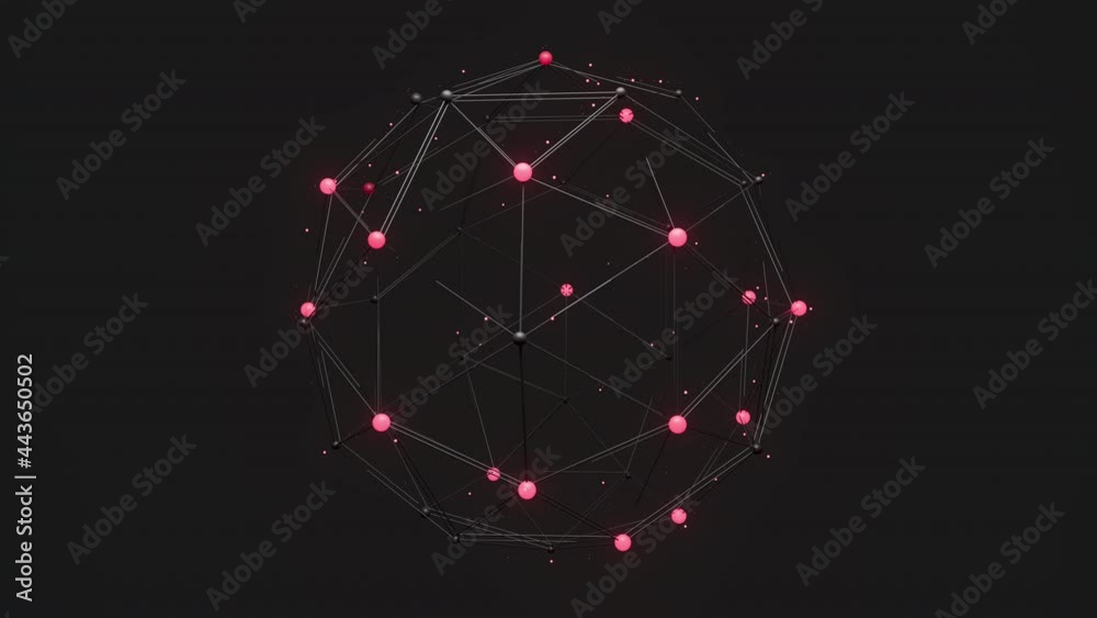 Poster low poly sphere structure with glowing vertices and bokeh effect. technology concept 3d render. loop