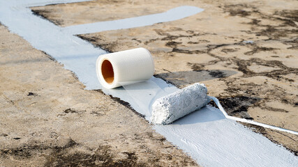 Hand painted gray flooring with paint rollers for waterproof, reinforcing net, Repairing...