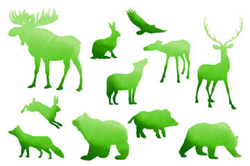 Wild forest animals. Green silhouettes set on white background