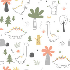 Vector hand-drawn children’s illustration, print, the card with the cute dinosaurs, seamless pattern and drops in Scandinavian style on a white background. © miniwhale