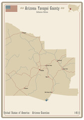 Map on an old playing card of Yavapai county in Arizona, USA.