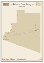 Map on an old playing card of Yuma county in Arizona, USA.