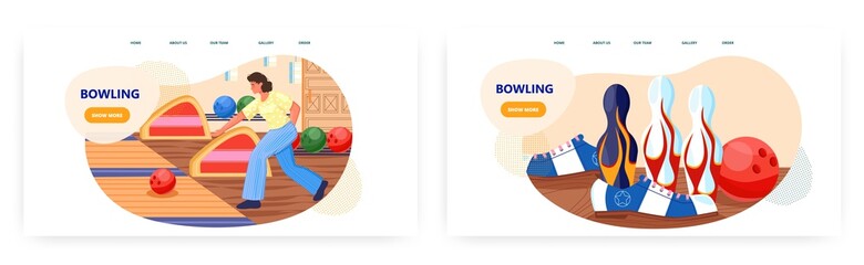 Bowling landing page design, website banner vector template set.