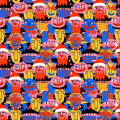 colorful vector seamless pattern-christmas in 70s and 80s psychedelic style.Hand drawn doodle for kids-postcards and posters.Bizarre santa,deer,children. Hippy trendy flat.New year 2022.Low contrast