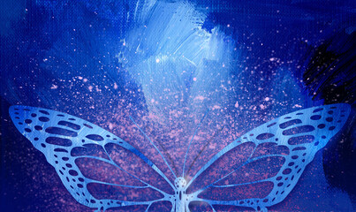 Graphic abstract closeup butterfly in blue with purple speckle glow background