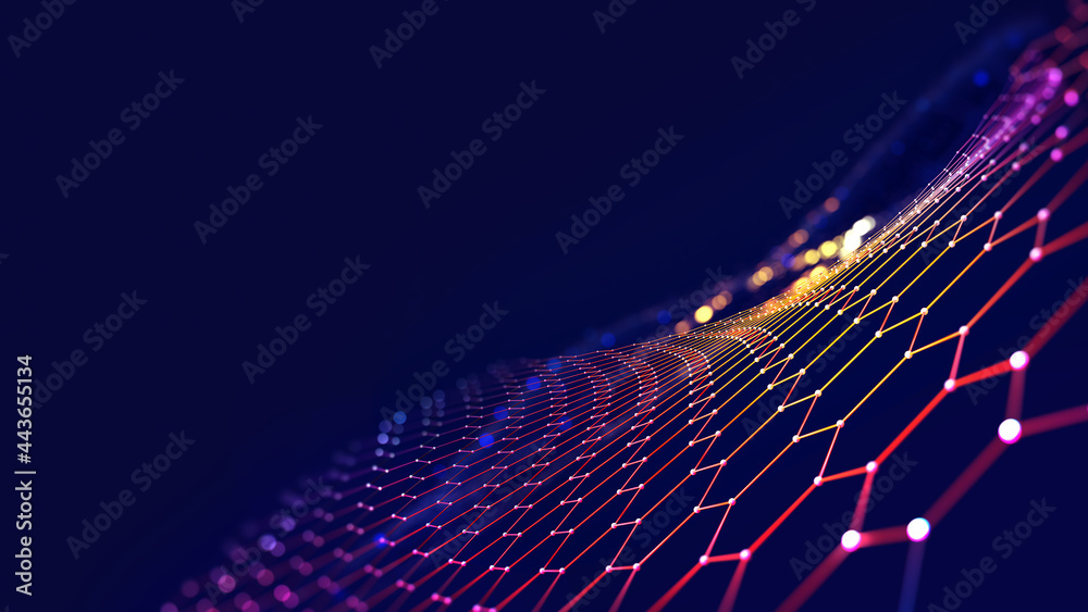 Aufkleber Cyber big data flow. Blockchain data fields. Network line connect stream. Concept of AI technology, digital communication, science research, 3D illustration neural cells