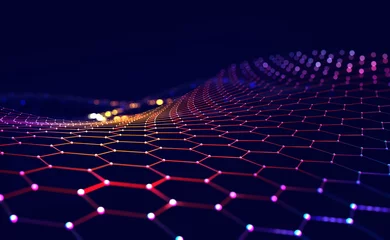 Foto op Plexiglas Cyber big data-stroom. Blockchain-gegevensvelden. Netwerklijn verbindt stream. Concept van AI-technologie, digitale communicatie, wetenschappelijk onderzoek, 3D illustratie neurale cellen © Siarhei