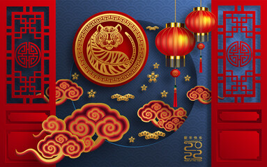 Chinese new year 2022 year of the tiger red and gold flower and asian elements paper cut with craft style on background.( translation : chinese new year 2022, year of tiger )