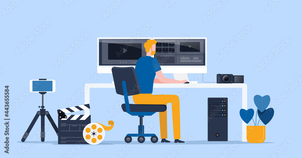 Aufkleber flat vector video production team working and editor making a video clip for online upload concept