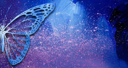 Graphic abstract closeup butterfly wings with purple speckle background