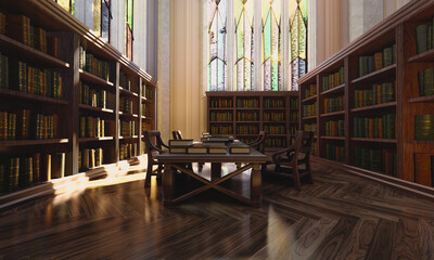 A 3d rendered interior old gothic fantasy library background.  - obrazy, fototapety, plakaty