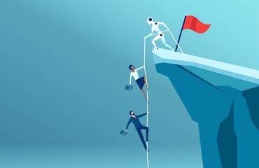 Naklejka premium Vector of a robot helping businesspeople to climb to the top of the mountain