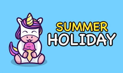 Fototapeta premium Cute unicorn eating ice cream summer holiday banner