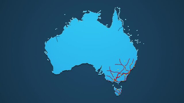 Blue map of Australia with cities, roads and railways on a dark blue background. 4K Animation with alpha channel