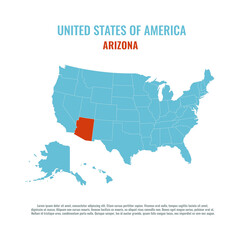 United States of America isolated map and Arizona state territory. USA political map illustration template. geographic banner design
