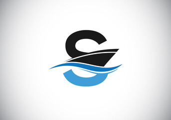 Capital letter S with the ship, cruise, or boat logo design template, Yacht icon sign symbol with ocean waves vector illustration
