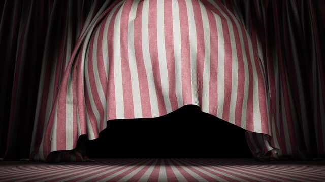 Realistic 3D animation of the red and white stripes vintage grungy show or circus stage curtain being opened with the wind blow rendered in UHD with alpha matte