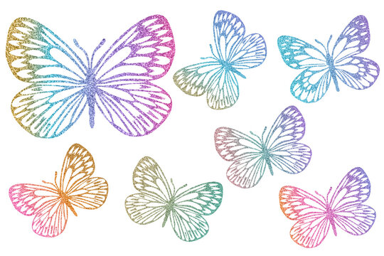Butterflies outlines silhouette glitter textured. Clip art kit isolated
