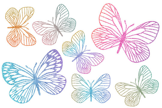 Butterflies outlines silhouette glitter textured. Clip art on white