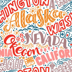 Around the World. AMERICAN WESTERN STATES vector lettering seamless pattern. Country and major cities. Vector illustration