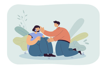 Man comforting crying female friend. Sad woman sitting on ground, male character hugging girl flat vector illustration. Mental health, friendship concept for banner, website design or landing web page