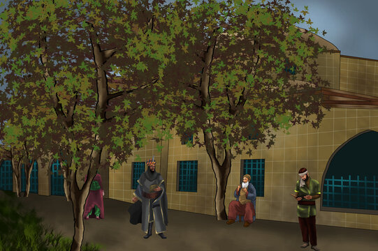 people spending time in the mosque courtyard