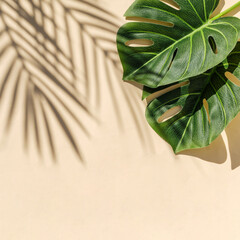 Contemporary image of monstera and palm shadows on a beige background and copy space. © sergign