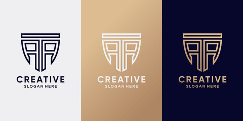 Symbol of shield logo design initial letter AA with line art style and creative concept. Logo design template for business company and personal