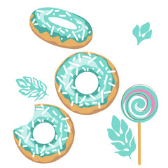 Green donuts with icing and sprinkles and lollipop. Set of doughnut. Cartoon style.