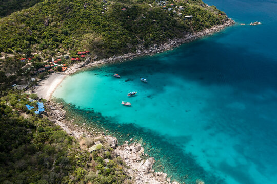 Aow Leuk Beach on Koh Tao, Thailand Drone Aerial View of Stunning Scuba Diving Bay with boats