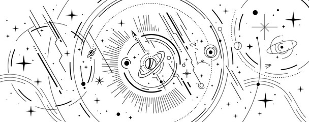 Vector abstract black and white space illustration with star, planet and line © wowomnom