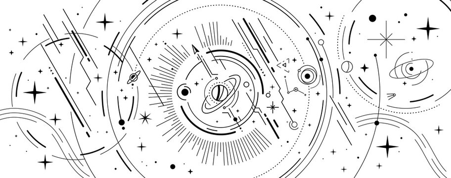 Vector abstract black and white space illustration with star, planet and line