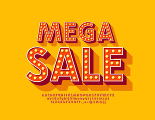Vector promo poster Mega Sale. Vintage style Alphabet Letters and Numbers with Lamps. Bright retro Font