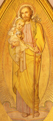 Fototapeta na wymiar VIENNA, AUSTIRA - JUNI 24, 2021: The painting St. Joseph in the church Marienkirche by unknown artist from end of 19. cent.