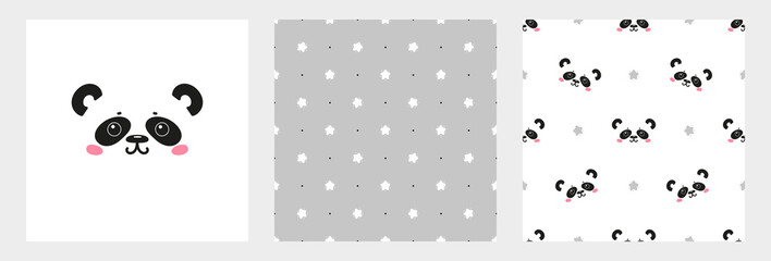 Set of Seamless Patterns and Poster with Cute Panda and Stars. Childish Background with Little Chinese or Bamboo Bear Face. Vector Baby Funny Animals Drawing for Tee Print for Kids.