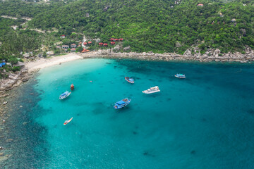 Fototapeta na wymiar Aow Leuk Beach on Koh Tao, Thailand Drone Aerial View of Stunning Scuba Diving Bay with boats