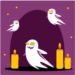 Vector illustration of a greeting card with ghosts and candles for Halloween on a purple background. Magic night. Happy Halloween. Flying ghost.