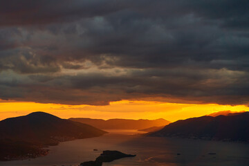 View of the Tivat Bay and the airport runway. Sunset in the Tivat Bay