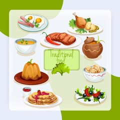 Traditional food dishes set with greek salad fried eggs chicken leg isolated vector illustration