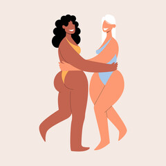 Two beautiful happy women hugging in bikini swimsuit. Body positive Female characters with difference skin color on isolated background. Eps 10.