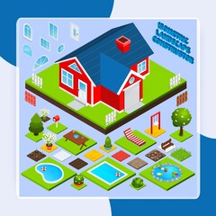 Landscape design isometric with building elements swimming pool trees and flowers vector illustration