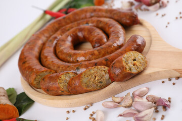 Local Northern Thai food , Northern Thai spicy sausage street food isolated in white background