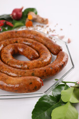 Local Northern Thai food , Northern Thai spicy sausage street food isolated in white background