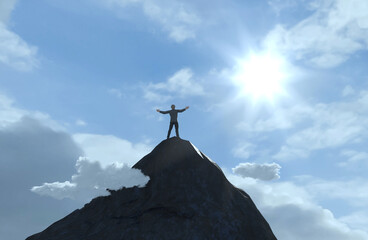 the concept of a successful business and achieving a goal, a person of  businessman on the top of a mountain render 3d
