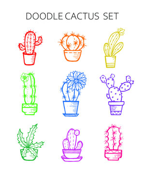 Hand drawn doodle colorful vector cactus set isolated on white background. Cute home plants.
